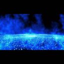 爆発して床に散らばる青色のパーティクル