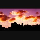 夕焼けと建物のシルエット